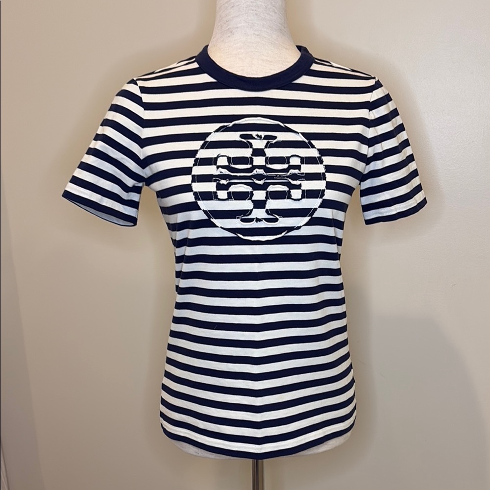 Tory Burch Navy and White Logo Striped Shirt